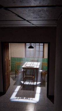 Minimalist bir bekleme odasının 3 boyutlu portresi. Ahşap sandalyeler, masa, pencere ışığı ve yeşil fayanslı duvarlar. Modern dijital çevre sanatı.