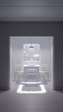 Minimalist bir bekleme odasının 3 boyutlu portresi. Ahşap sandalyeler, masa, pencere ışığı ve yeşil fayanslı duvarlar. Modern dijital çevre sanatı.