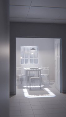 Minimalist bir bekleme odasının 3 boyutlu portresi. Ahşap sandalyeler, masa, pencere ışığı ve yeşil fayanslı duvarlar. Modern dijital çevre sanatı.