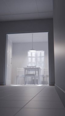 Minimalist bir bekleme odasının 3 boyutlu portresi. Ahşap sandalyeler, masa, pencere ışığı ve yeşil fayanslı duvarlar. Modern dijital çevre sanatı.