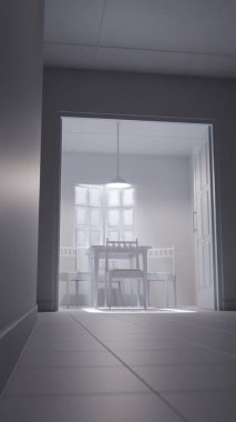 Minimalist bir bekleme odasının 3 boyutlu portresi. Ahşap sandalyeler, masa, pencere ışığı ve yeşil fayanslı duvarlar. Modern dijital çevre sanatı.