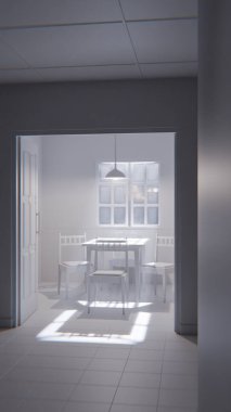 Minimalist bir bekleme odasının 3 boyutlu portresi. Ahşap sandalyeler, masa, pencere ışığı ve yeşil fayanslı duvarlar. Modern dijital çevre sanatı.