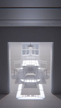 Minimalist bir bekleme odasının 3 boyutlu portresi. Ahşap sandalyeler, masa, pencere ışığı ve yeşil fayanslı duvarlar. Modern dijital çevre sanatı.