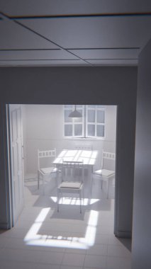 Minimalist bir bekleme odasının 3 boyutlu portresi. Ahşap sandalyeler, masa, pencere ışığı ve yeşil fayanslı duvarlar. Modern dijital çevre sanatı.