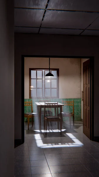 Minimalist bir bekleme odasının 3 boyutlu portresi. Ahşap sandalyeler, masa, pencere ışığı ve yeşil fayanslı duvarlar. Modern dijital çevre sanatı.