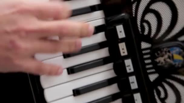 Hudebník hraje na harmoniku, akordeon v hale se sloupci — Stock video
