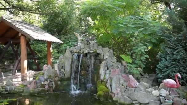 Estanque decorativo con fuente y peces de oro en el jardín — Vídeos de Stock