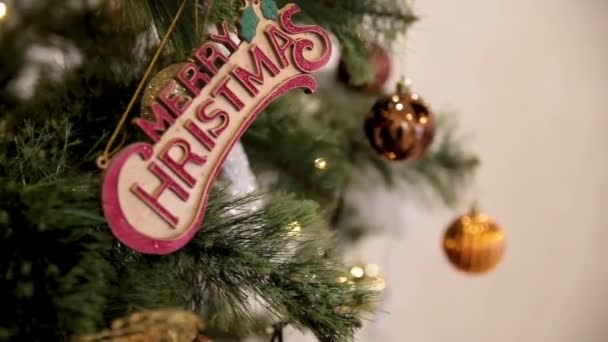 圣诞节的盛宴。装饰精美的房子, 有一棵圣诞树。挂在装饰圣诞树上的彩色小泡特写镜头. — 图库视频影像