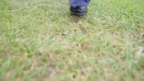 Los pies de los hombres en zapatos van sobre la hierba . — Vídeos de Stock
