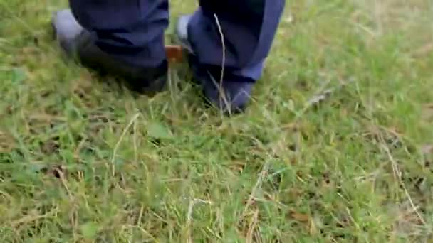 De voeten van de mannen in schoenen gaan op het gras. — Stockvideo