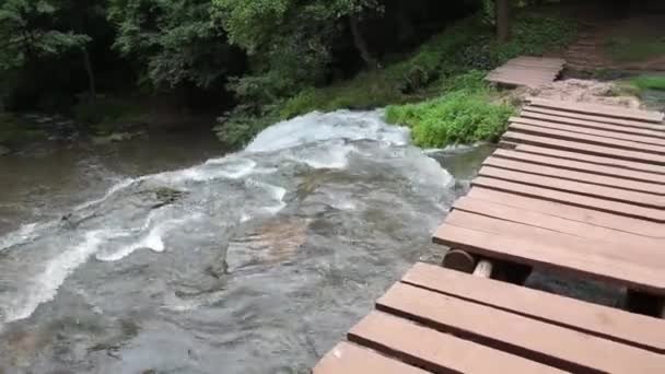 Водоспад вид на гори крупним планом. Пейзаж водоспаду гірської річки. — стокове відео