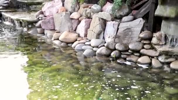 Het stuur van een decoratieve watermolen tegen de achtergrond van groenblijvende bomen — Stockvideo