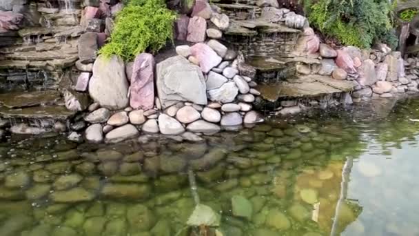 A roda de um moinho de água decorativo contra o fundo de árvores sempre verdes — Vídeo de Stock