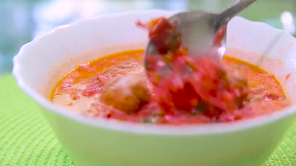 Red Vegetable Soup Borsch Beets Sour Cream Green Table Ukrainian — Stock Video
