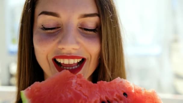 Beautiful Sexy Woman Girl Perfect Hair Skin Poses Eats Watermelon — Stock Video