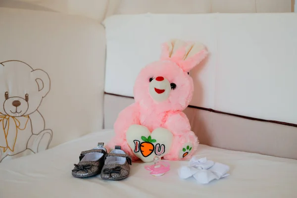 Bebekler için bebek aksesuarları: çorap, kapaklar ve pembe tavşan yakınında emzik