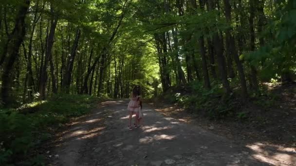 Élégante fille avec sa jeune fille marchant et s'amusant dans les bois entre les arbres . — Video