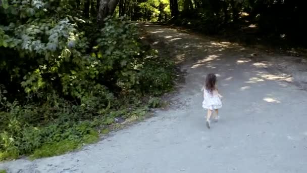 Little Girl Happily Runs Path Forest Tropical Vacation — Stock Video