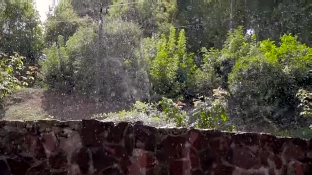 Gyönyörű táj automatikus locsolóval locsoló öntözés a gyep a hazai kertben. — Stock videók