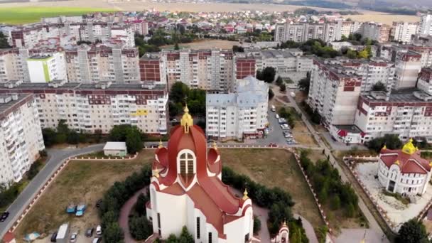 Aerial photography, Modern religious architecture. Greek Catholic Cathedral of St. Peter the Apostle in the original style. — Stock Video