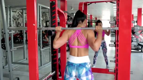 Mujer joven se agacha con una barra en el gimnasio. — Vídeo de stock