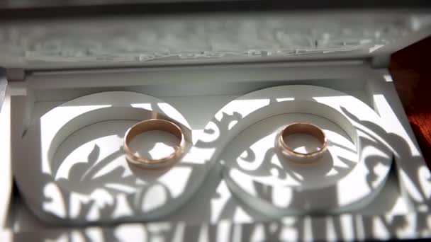 Zwei Ringe in einer weißen, hölzernen Schmuckbox. — Stockvideo