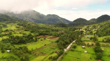 Yeşillik yeşil orman örtüleri ve kasvetli bulutlarla volkanik dağ sıraları ve buğulu Hibok Hibok Ulusal Parkı Filipinleri, Camiguin Adası Asya turizm beldesi Sinematik 