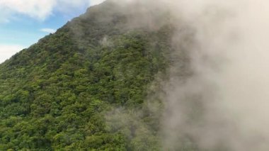 Yeşillik yeşil orman örtüleri ve kasvetli bulutlarla volkanik dağ sıraları ve buğulu Hibok Hibok Ulusal Parkı Filipinleri, Camiguin Adası Asya turizm beldesi Sinematik 