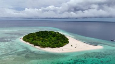 Mantique Adası üzerinde hava aracı manzarası, yemyeşil orman yeşili yaprakları ve mavi kristal berrak denizleri olan tropikal küçük kum barı, şnorkelle yüzen seyahat yerleri, sinematik Asya Filipinleri 