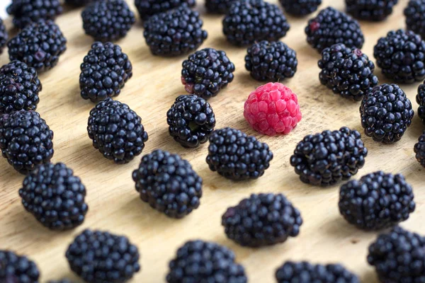 Conjunto Sabrosas Bayas Jugosas Muchas Moras Una Frambuesa Entre Ellas — Foto de Stock