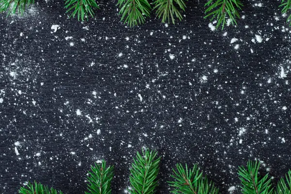 Christmas tree branches on winter snowflakes black space backgro — Stock Photo, Image