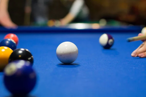 Billiard Pool Game Progress Player Aims Shoot Balls Cue — Stock Photo, Image