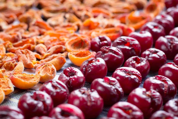 Contexto das cerejas frescas e dos damascos preparados para a cozedura — Fotografia de Stock