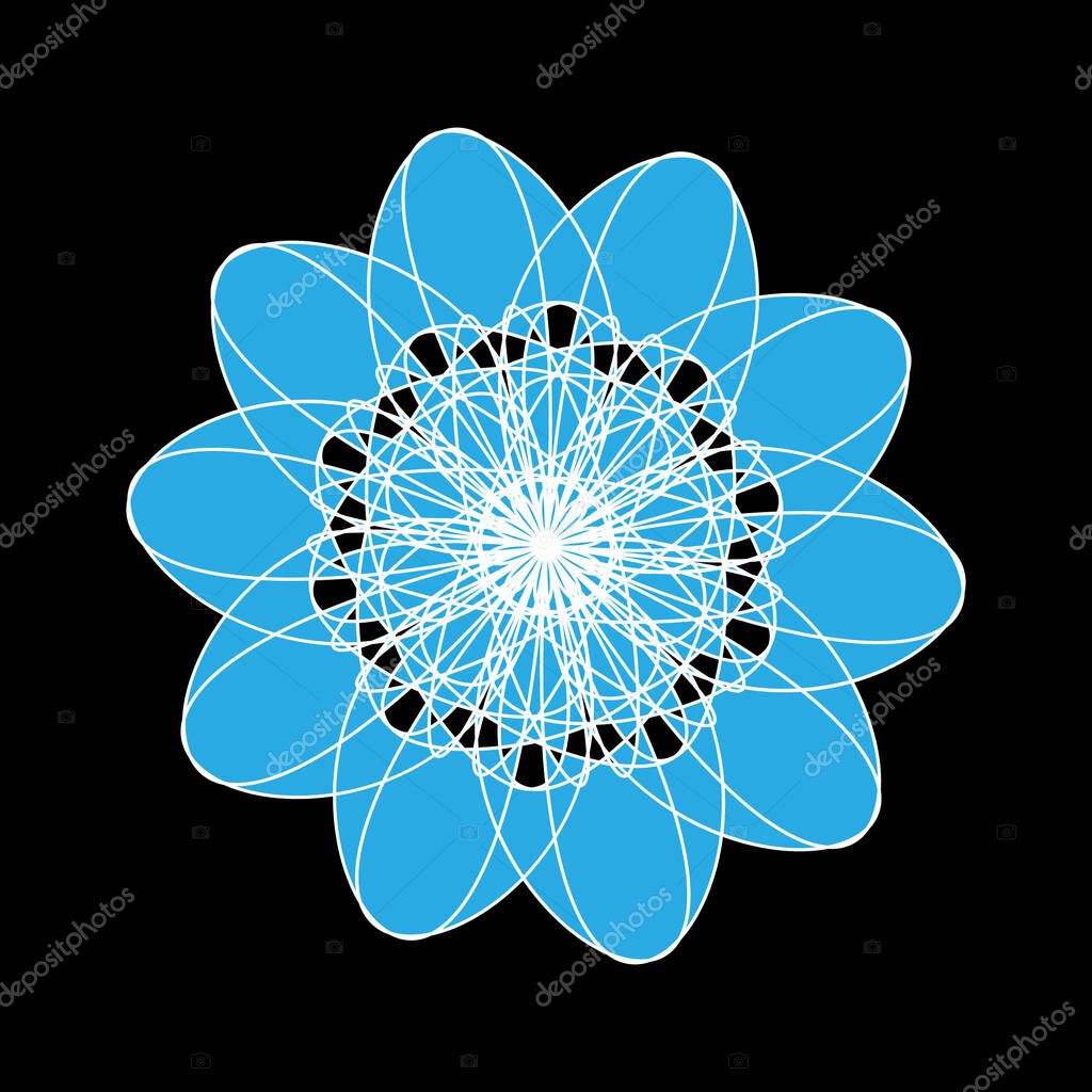White and blue openwork floral pattern on black background