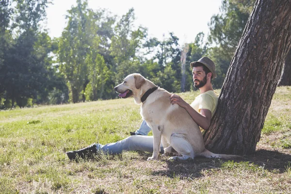 Canadian labrador dog resting in the park with his owner on a sunny day