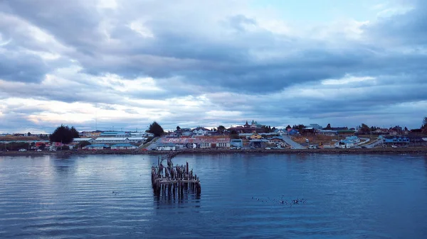 Air View Seitting Birds Old Wooden Pier Blue Sunset Sky — Stock fotografie