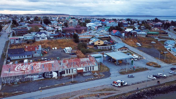 Aerial View Panoramic View Puerto Natales Kék Naplemente Égbolt Alatt — Stock Fotó