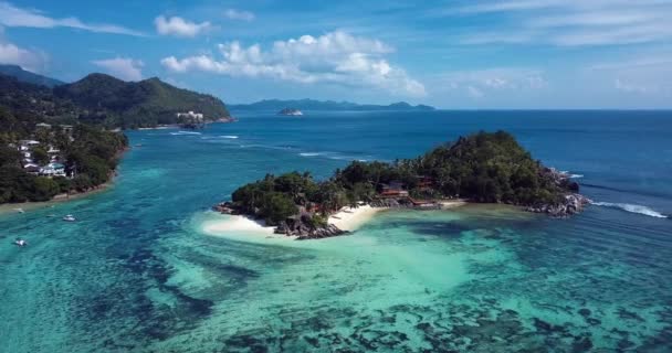 Aerial View Green Trees Clear Blue Water Mahe Island Intian — kuvapankkivideo