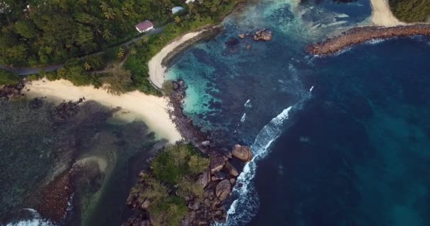 Aerial Kuvamateriaalia Palms Stones Luxury Sandy Beach Mahe Island Sydämessä — kuvapankkivideo