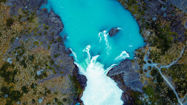 Aerial View to the Salto Grande waterfall on the Paine River in the Torres del Paine National Park, Patagonia, Chile