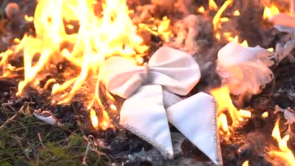 Burning white bow tie on ground — Stock Video