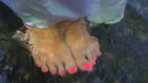 Jonge vrouw permanent blote voeten in de rivier. Ontspan bij de rivier — Stockvideo
