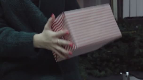 Weihnachtsgeschenk. Frau hält Weihnachtsgeschenk in der Hand. — Stockvideo