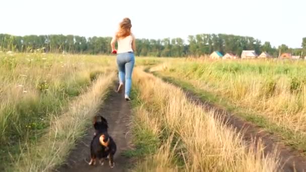 Dachshund perro al lado de una mujer felizmente corriendo por el camino de tierra al aire libre, cámara lenta — Vídeos de Stock