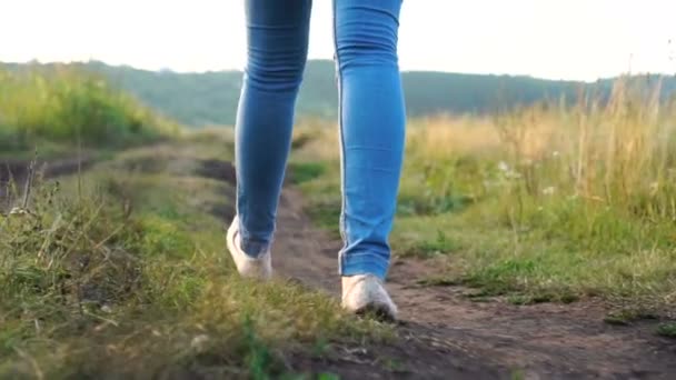 Visão traseira da jovem mulher em jeans pernas andando pela estrada terrestre no dia de verão — Vídeo de Stock