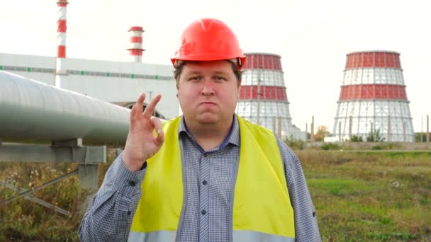 Trabajador, ingeniero o electricista mirando directamente a la cámara mostrando un gesto aceptable de pie frente a una central eléctrica — Vídeos de Stock