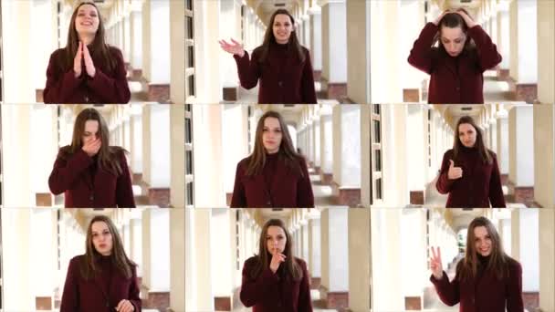 Collage porträtt av en flicka som ler, viftar med handen, visar segertecken, tumme upp, hosta — Stockvideo