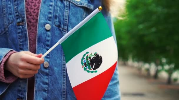 Cámara lenta: Mujer irreconocible con bandera mexicana. Chica caminando por la calle con bandera nacional de México — Vídeos de Stock