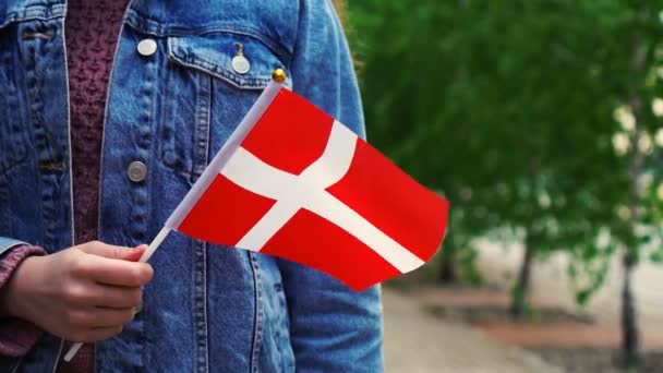 Movimento lento: Mulher irreconhecível segurando bandeira dinamarquesa. Menina andando rua abaixo com bandeira nacional da Dinamarca — Vídeo de Stock