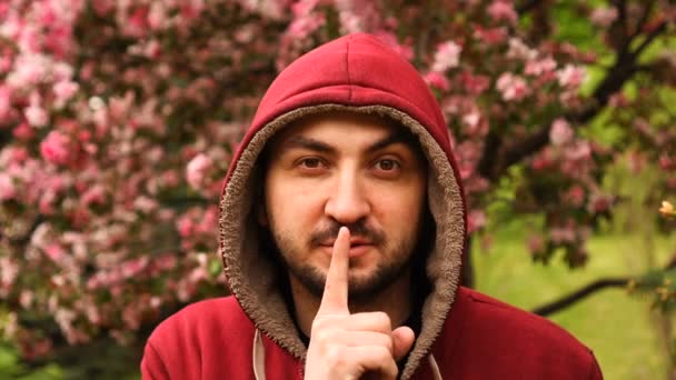 Handsome bearded man in hood holding finger over mouth gesturing silence. Spring day. Pink tree blossom — Stock Video